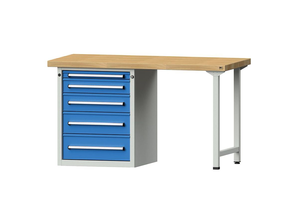 Workbench grey/blue 1500x700x40mm  5 Drawers