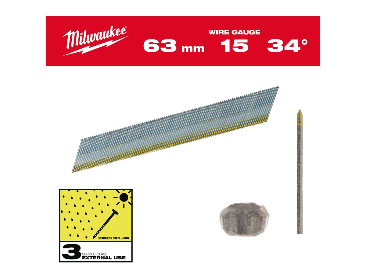 MILWAUKEE Stift-Nägel D-Kopf 15 GA 1,8x63 mm Edelstahl, 34°