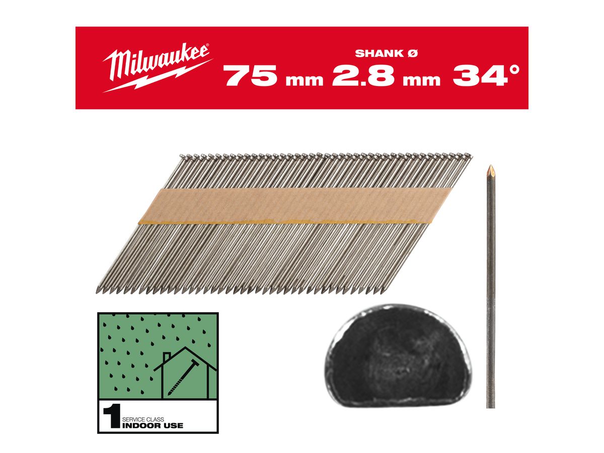 MILWAUKEE D-Kopf-Nägel 34° 7,4x2,8x75 mm, Glattschaft Stahl blank