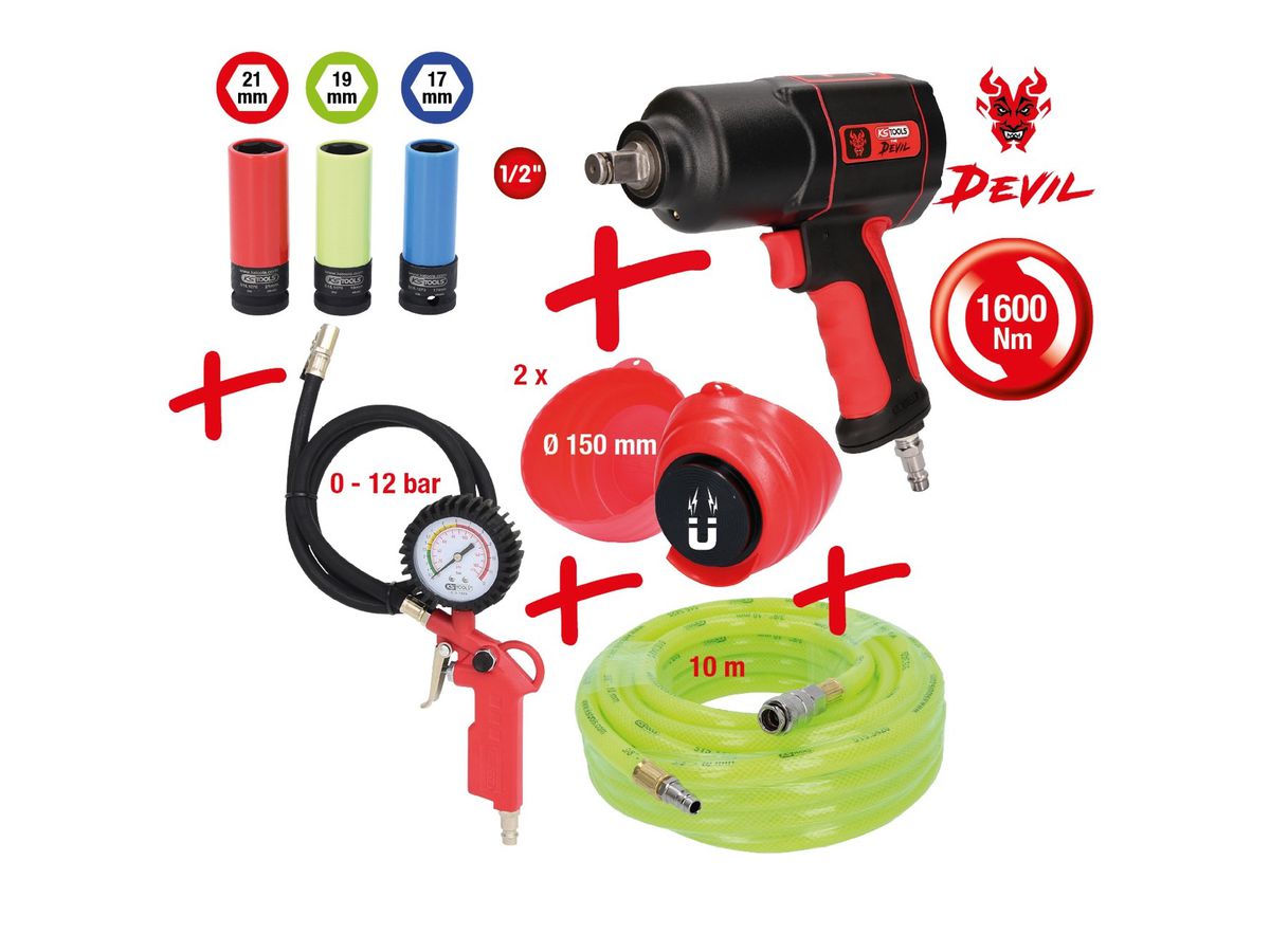 KS Tools Schlagschrauber-Set DEVIL 8-tlg Reifenfüller Schlauch mag. Schalen Nüsse