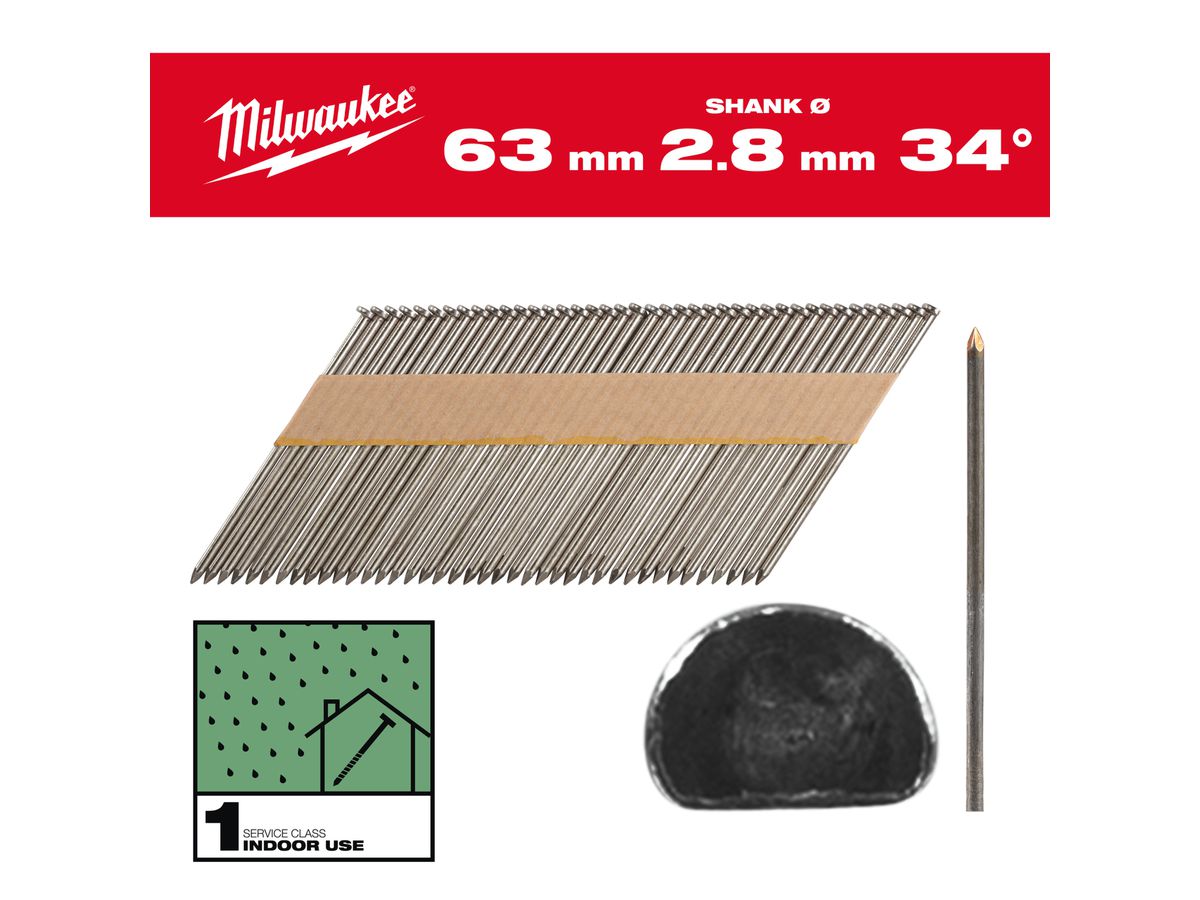 MILWAUKEE D-Kopf-Nägel 34° 7,4x2,8x63 mm, Glattschaft Stahl blank