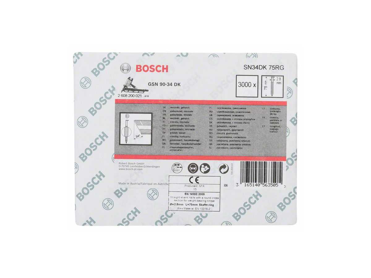 BOSCH D-Kopf-Streifennagel SN 34DK 75 mm, verzinkt, geringt VE 3000